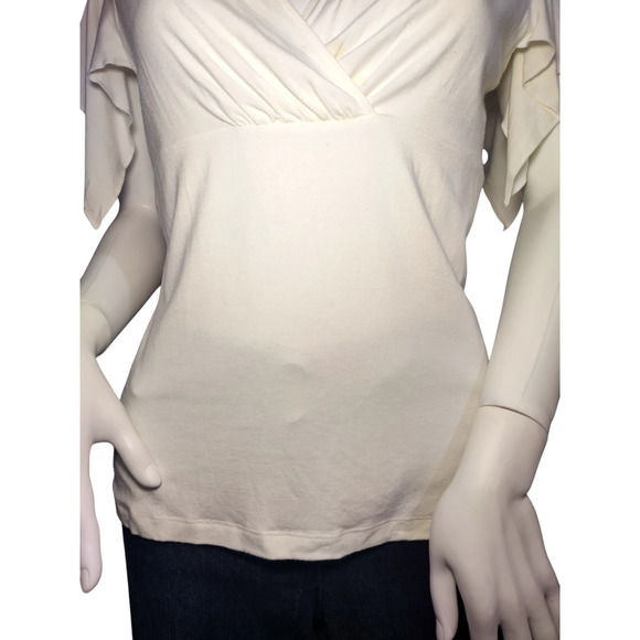 Ann Taylor Loft Womens Flutter Sleeve V-neck Stretch Blouse Cream Size Medium - Picture 4 of 13